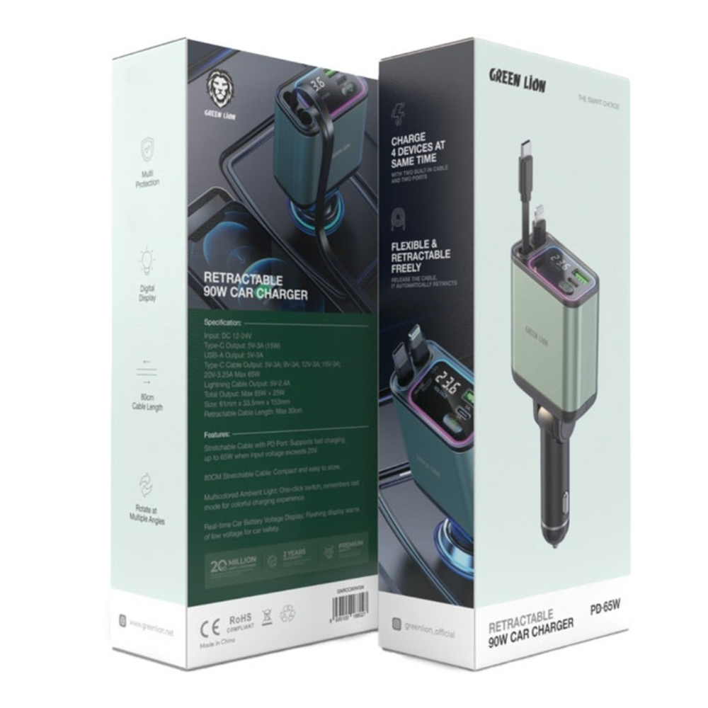 Green Lion Retractable 90W Car Charger